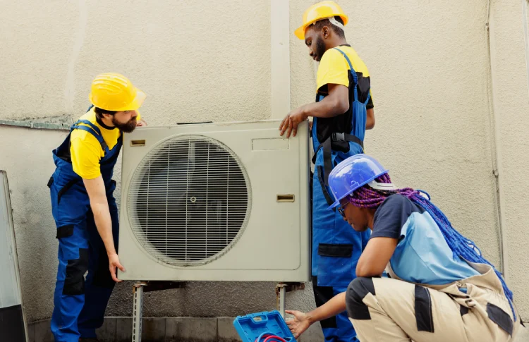 Professional technicians from a small business HVAC company carefully installing an air conditioning unit.