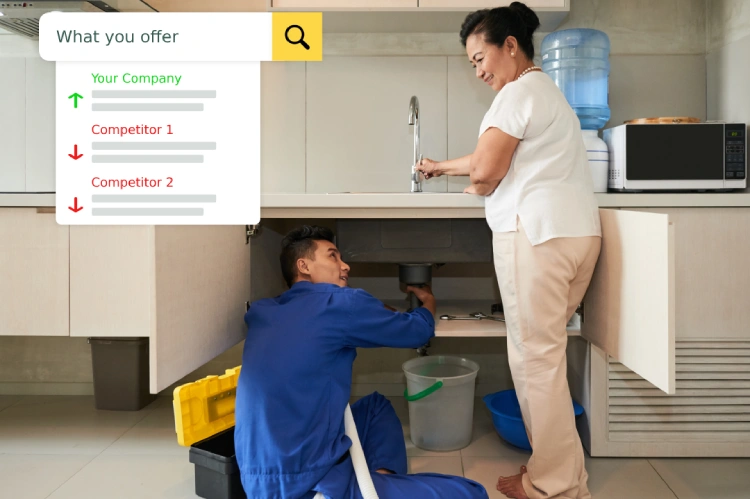 Image depicting local SEO for small service businesses, with a plumber fixing a sink and a digital overlay of SEO insights.
