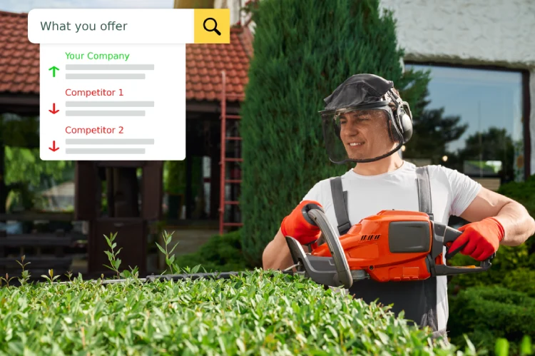Landscaper with an SEO search bar indicating high ranking in search engine