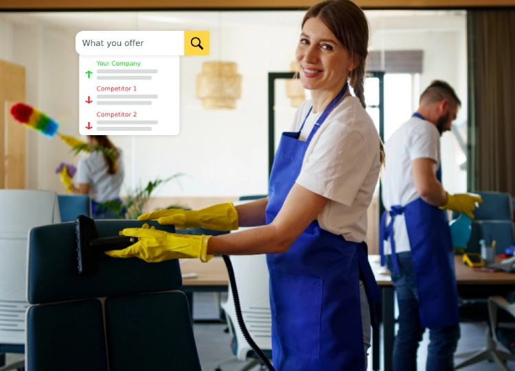 Small business cleaning company and a graphic showing a small business ranking high in search results.