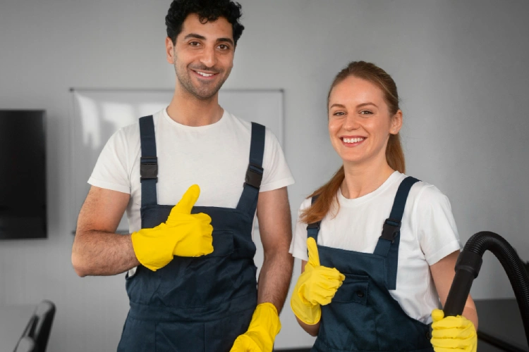 A friendly and professional cleaning team smiling and giving a thumbs up