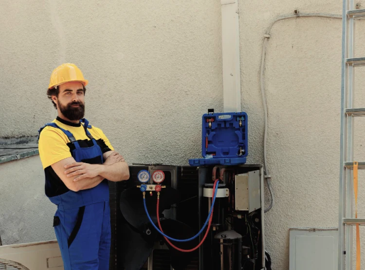 HVAC contractor with a beard stands with arms crossed next to an AC unit, representing professional HVAC services.