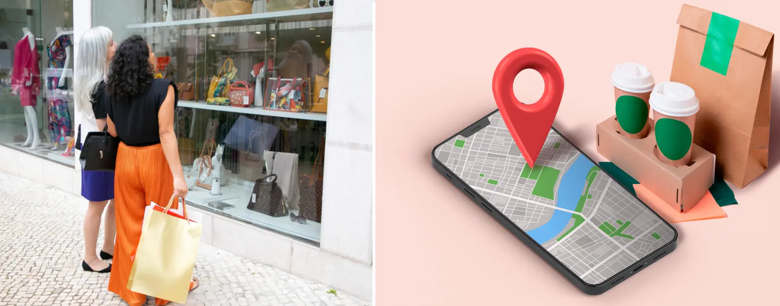 Two women window shopping and a phone showing a location pin on a map, representing local SEO and Google’s Map Pack for service-area businesses.