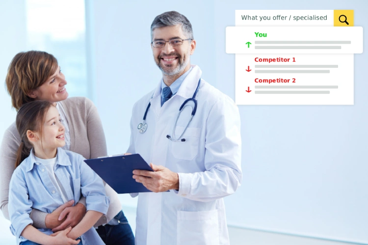 Doctor smiling with a patient and her mother, showing improved SEO ranking compared to competitors.