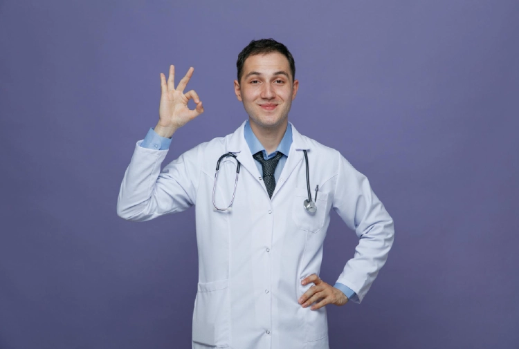 Smiling male doctor in a white coat giving an okay sign.