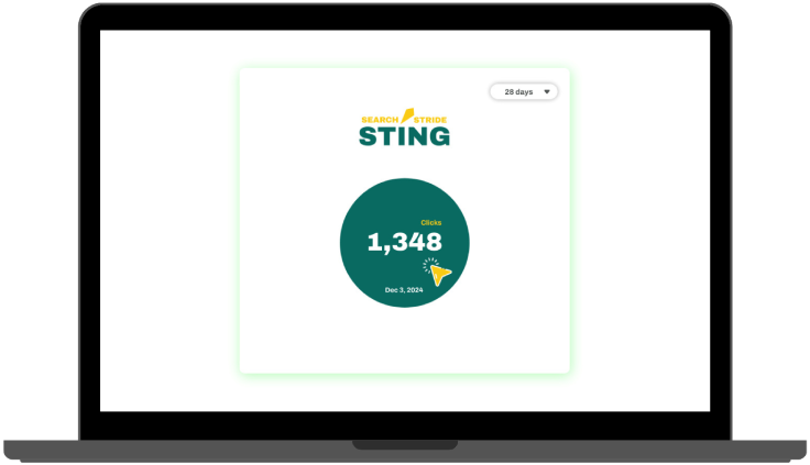 Laptop screen displaying 'Search Stride Sting' organic clicks dashboard with 1,348 clicks