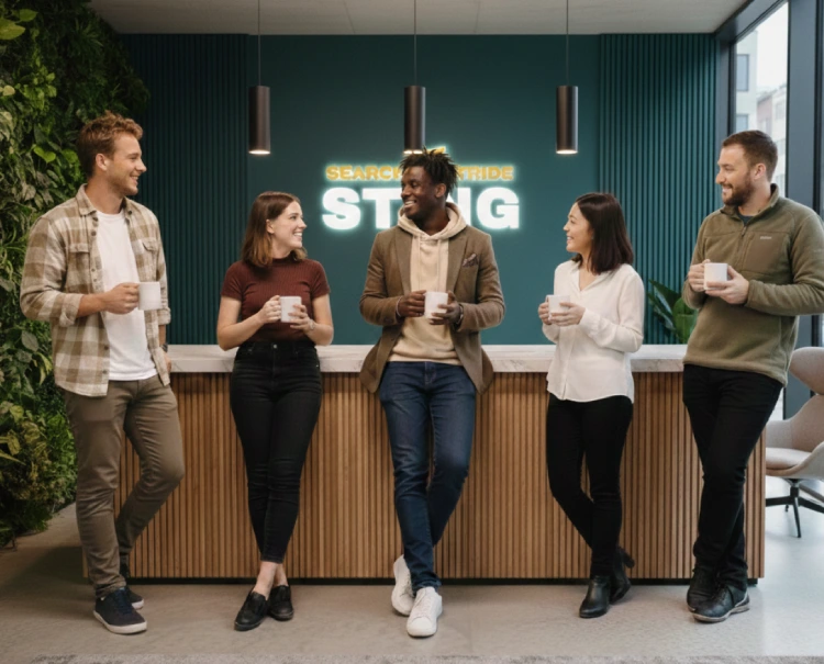 Our global team at Search Stride SEO agency collaborating in a modern office environment