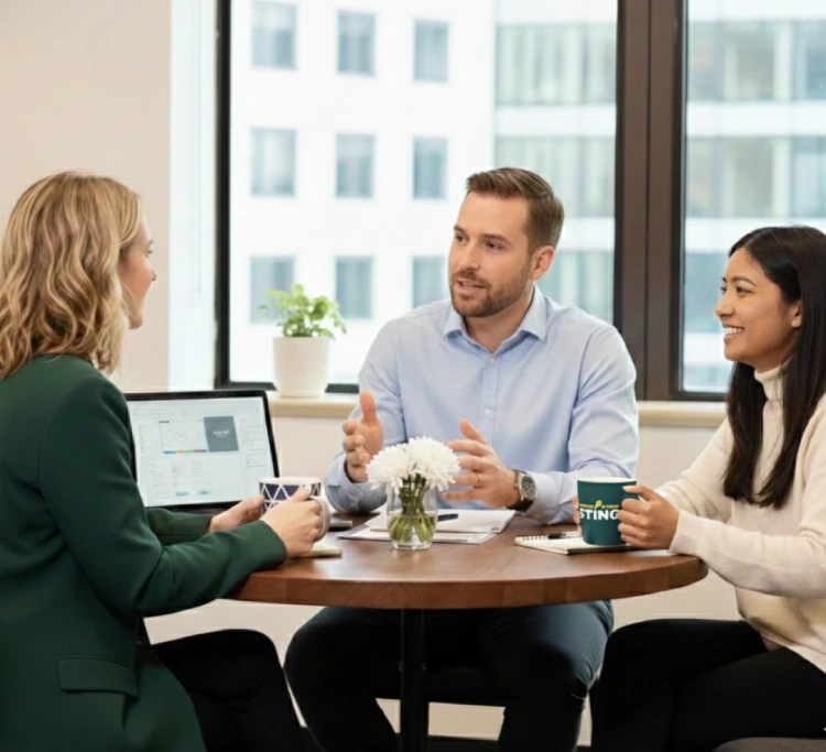 Our SEO agency team in Australia discussing local SEO strategy at Search Stride by Sting