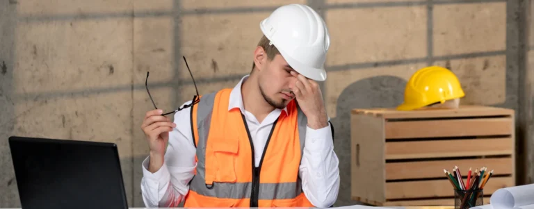 A stressed construction business owner in a hard hat and safety vest sitting at a desk with blueprints and a laptop, rubbing his eyes in frustration.